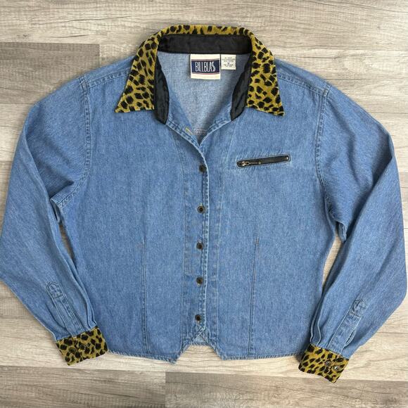 Vintage 90s Y2k Denim Down Shirt Leopard Cuffs Collar Bill Blass Medium - Picture 1 of 7